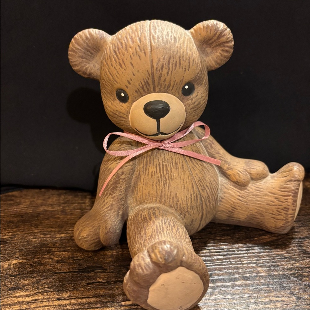 Adorable Brown Teddy Bear Figurine with Pink Bow